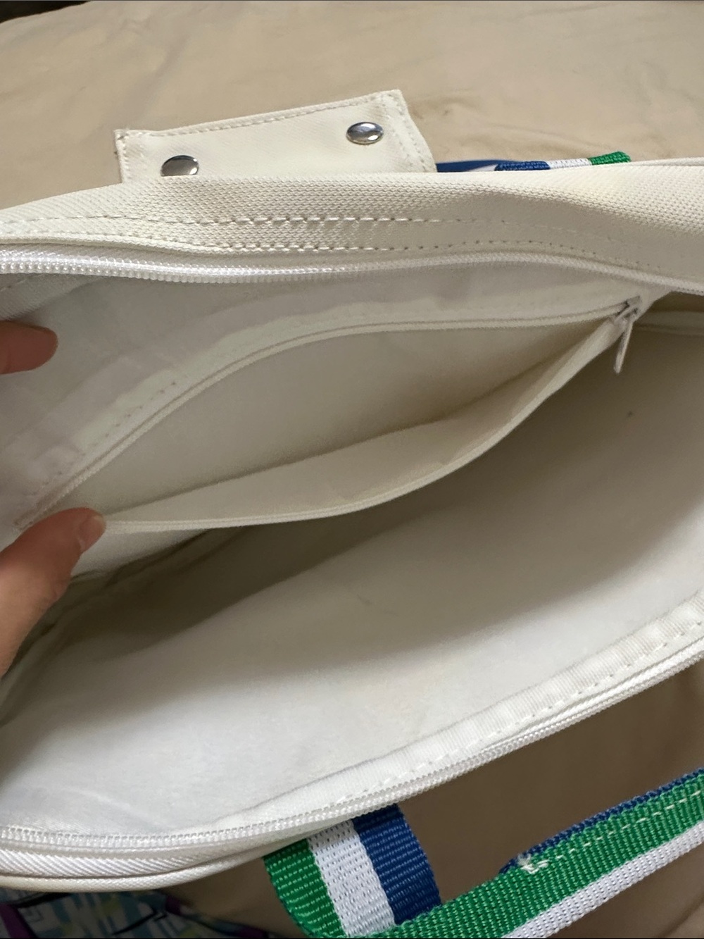 Lacoste White Laptop Bag with Green-Blue Striped Strap - Picture 7 of 9